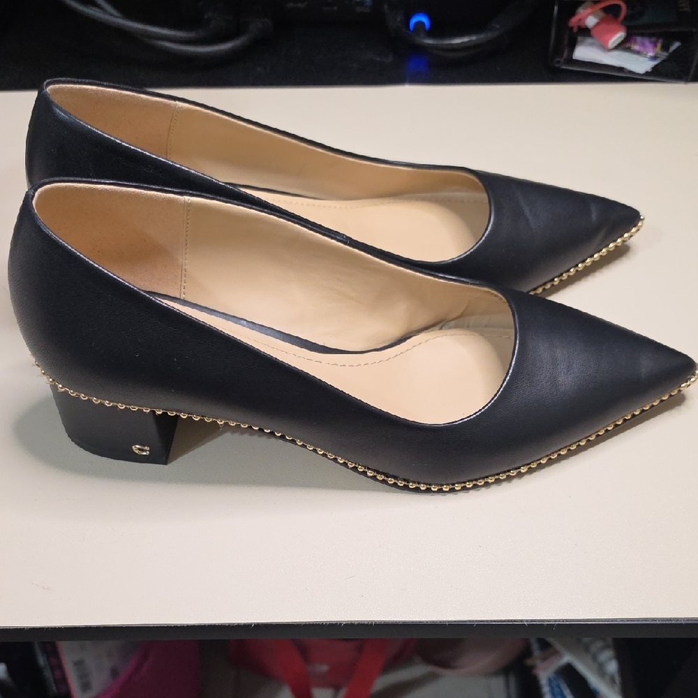 Coach Black Pointed-Toe Leather Pumps with Gold Trim - Picture 4 of 6